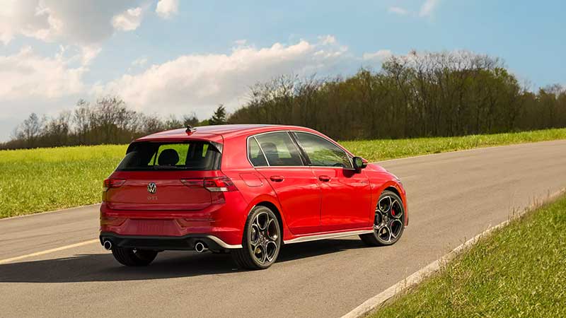 2026 Volkswagen Golf GTI hatchback with LED headlights and GTI styling