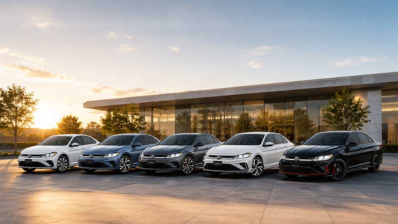 2026 Volkswagen Jetta trim levels lineup featuring the S, Sport, SE, SEL, and GLI Autobahn models.