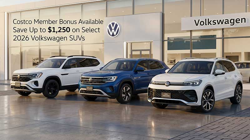 Costco member bonus savings available on 2026 Volkswagen Atlas, Atlas Cross Sport, and Tiguan SUVs