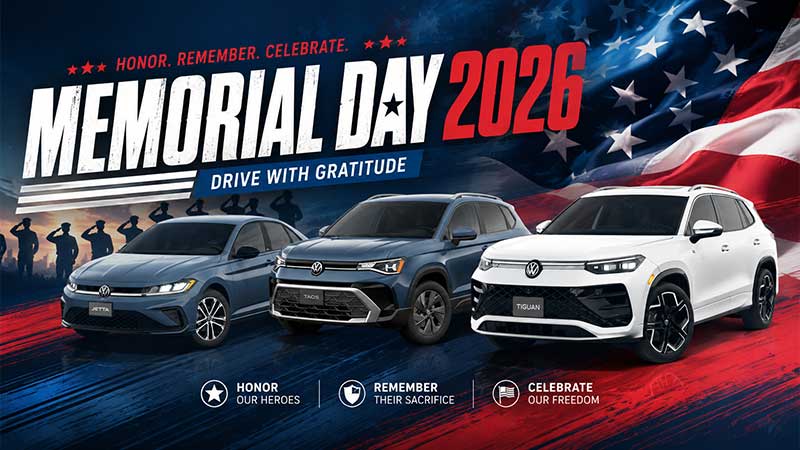 Memorial Day Volkswagen lease specials featuring the 2026 Taos, Tiguan, and Jetta models.