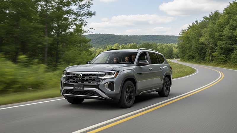 Volkswagen Atlas SUV driving on the road with focus on fuel economy and family SUV practicality